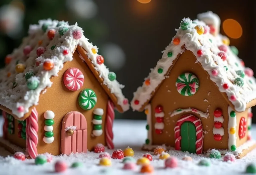 A comparison of a fresh and an aged gingerbread house.