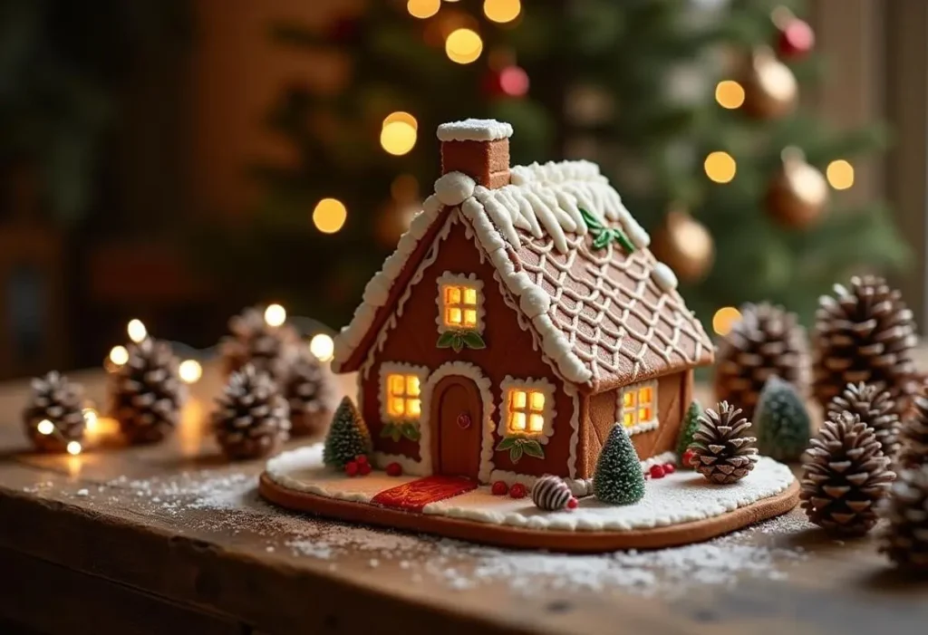 A festive gingerbread house surrounded by holiday decorations.