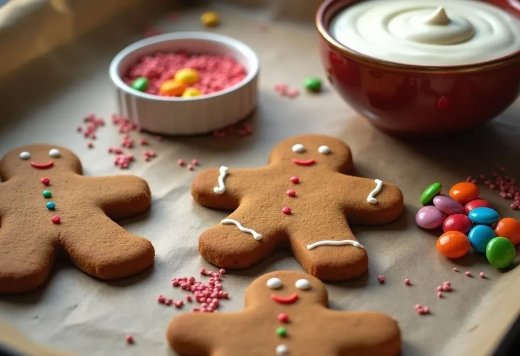 Fresh gingerbread cookies with royal icing and candy decorations.