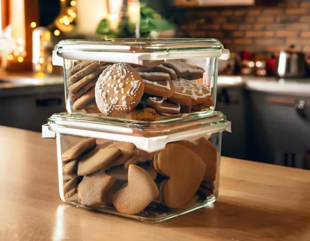 Gingerbread cookies and dough stored in airtight containers.