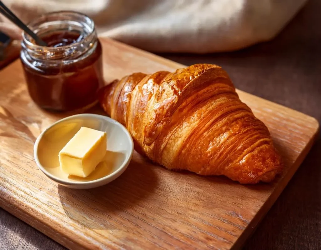 Golden flaky croissant with butter and jam on a wooden board.