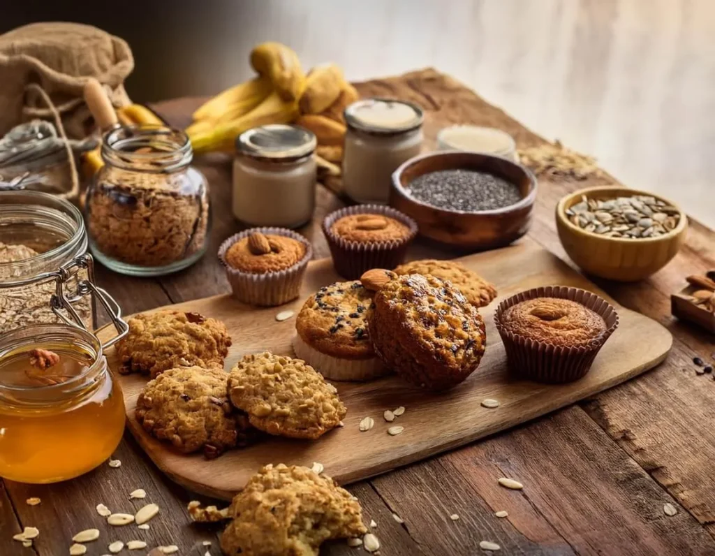 Assortment of banana bread, almond flour cookies, chia seed muffins, and whole-grain scones.