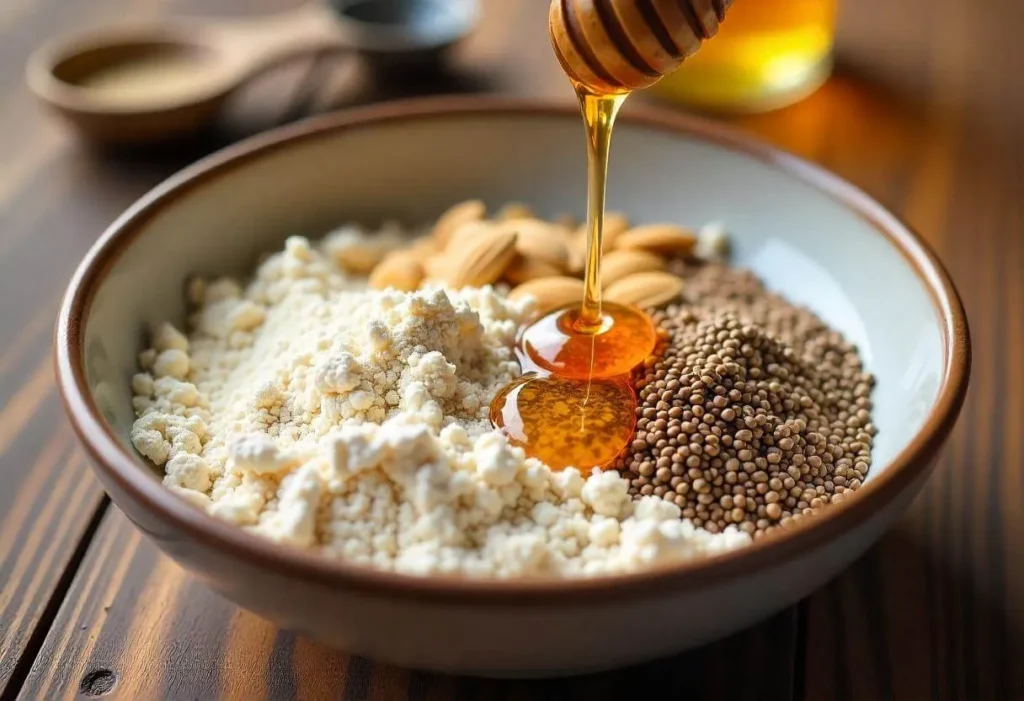 Mixing bowl with whole wheat flour, almond flour, and honey.