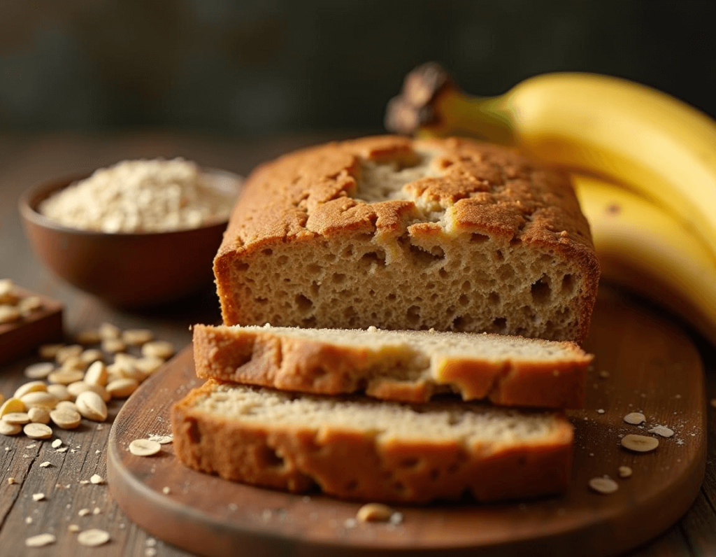 Freshly baked banana bread made with oat flour and natural ingredients.