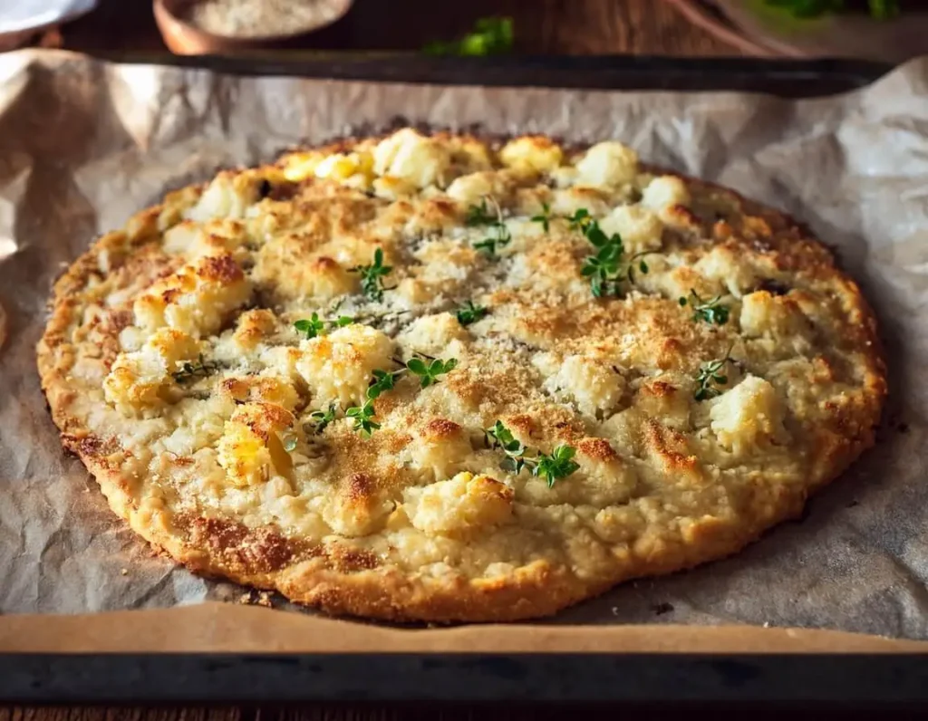 Homemade cauliflower pizza crust fresh out of the oven.