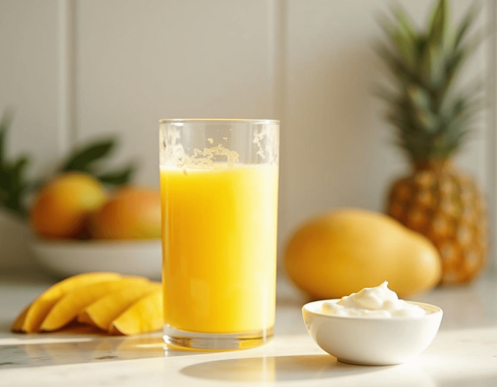 A homemade mango pineapple smoothie with fresh mango, pineapple, and yogurt.