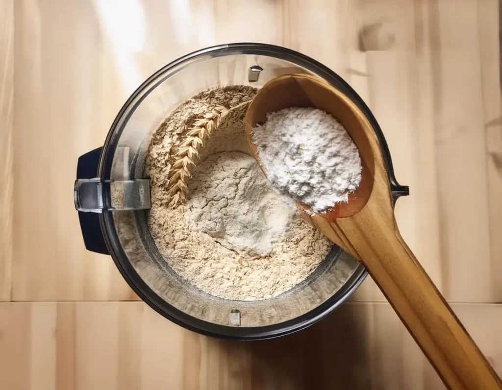 Homemade oat flour being prepared by blending rolled oats.