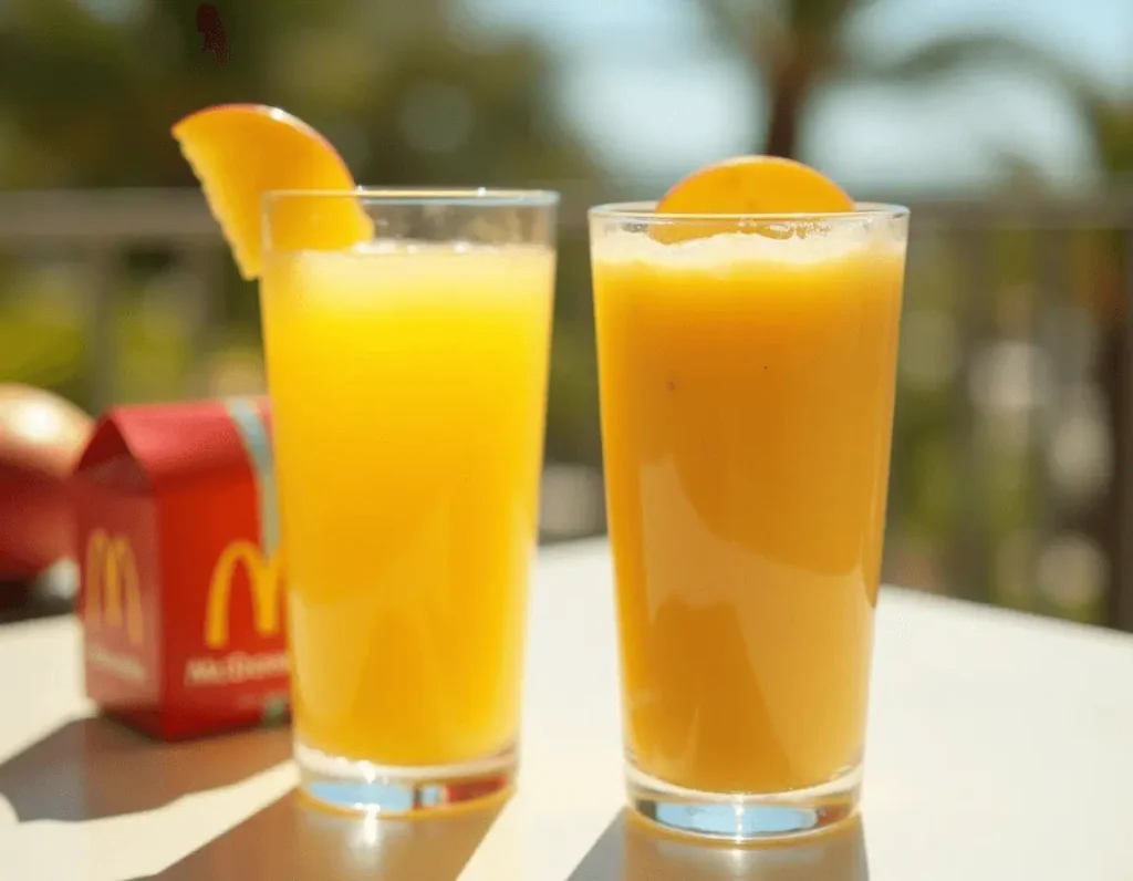 A homemade mango pineapple smoothie next to a McDonald's smoothie cup.