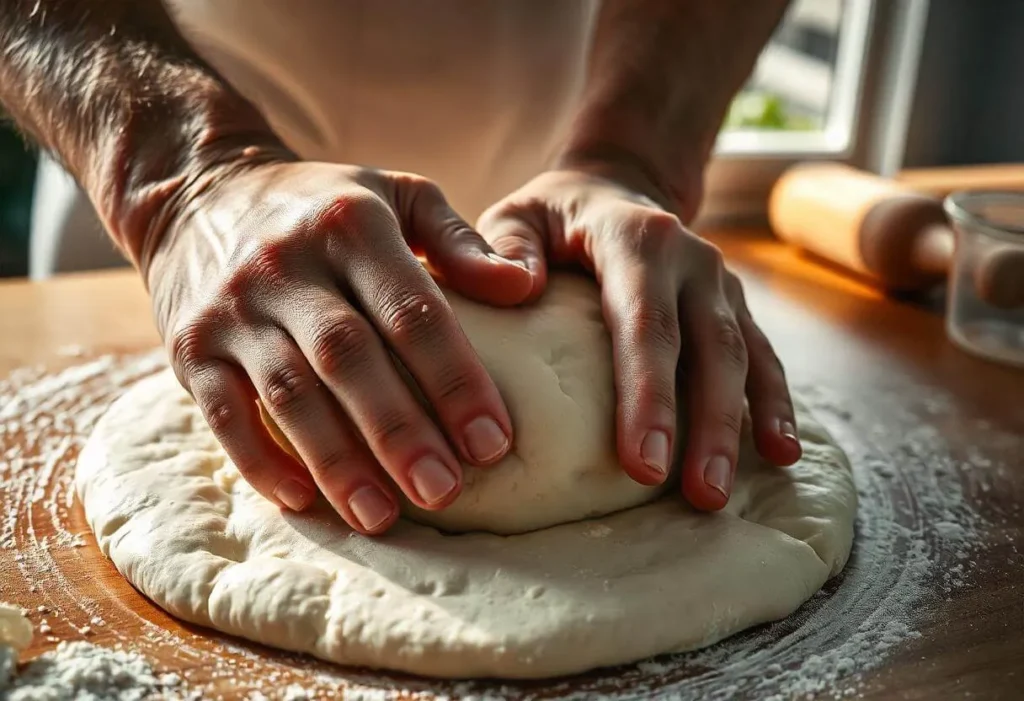 Hands kneading pizza dough on a floured wooden surface with a rolling pin nearby.