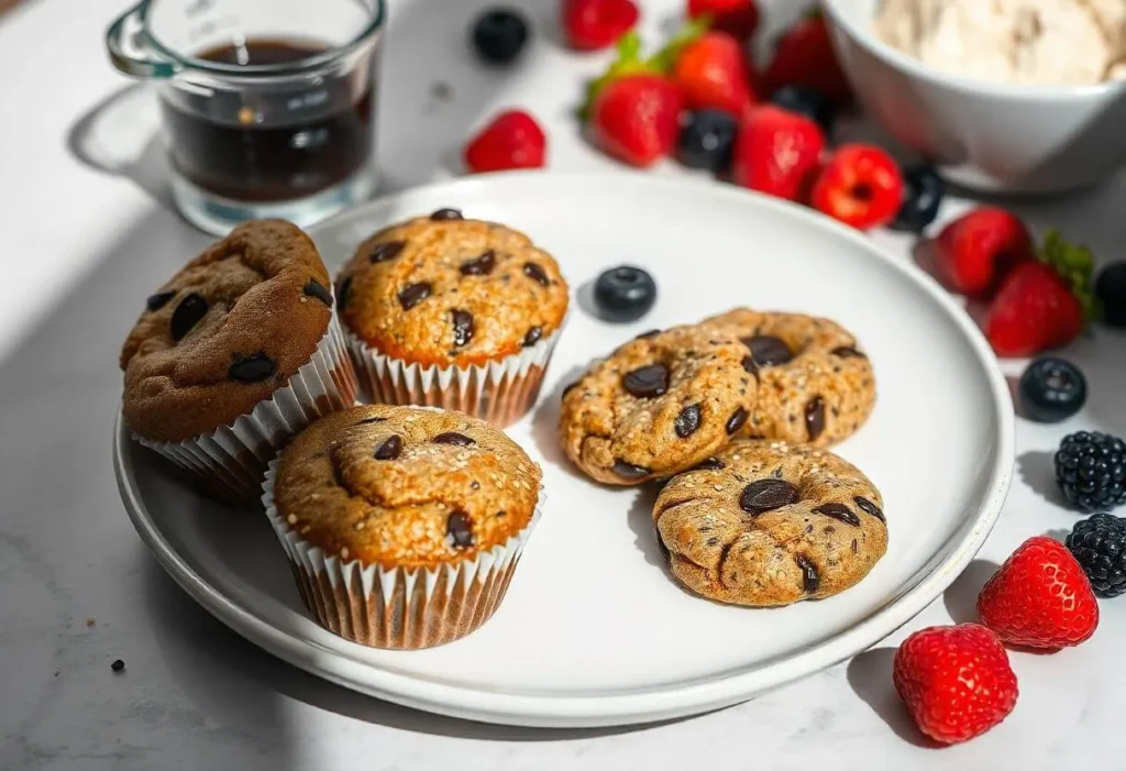 Chia seed muffins and protein cookies for low-calorie baking.