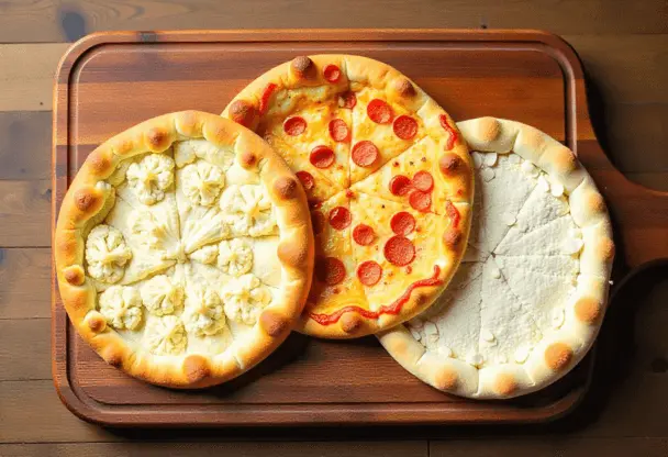 Three low-carb pizza crusts—cauliflower, almond flour, and coconut flour—displayed with ingredients.