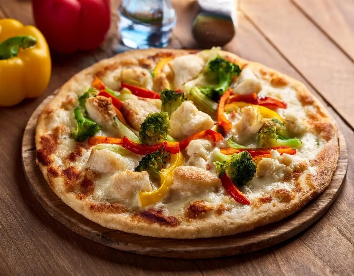 A low-carb pizza with cauliflower crust, topped with fresh ingredients on a rustic table.