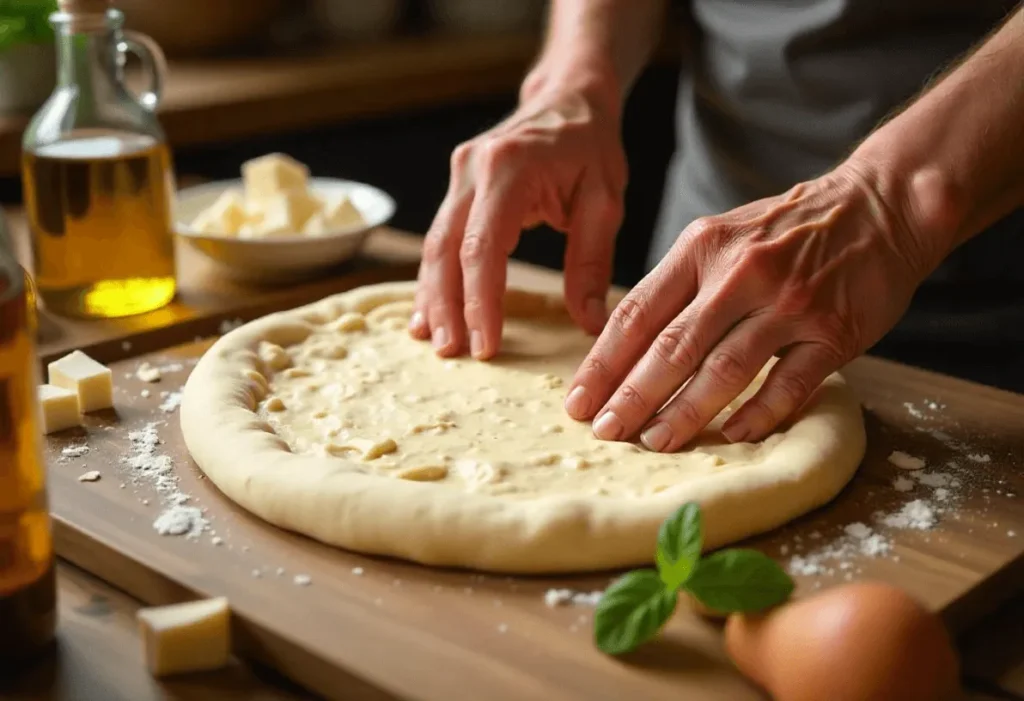 Hands pressing almond flour pizza dough on a baking sheet with ingredients around.