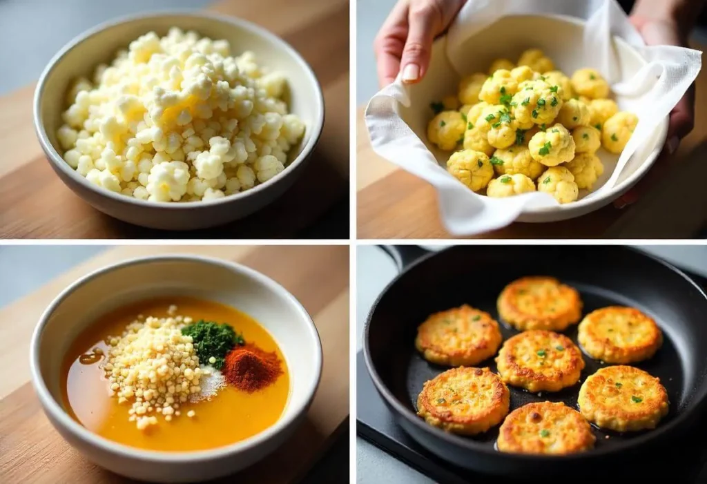 Step-by-step process of making cauliflower hash browns from ricing to frying.