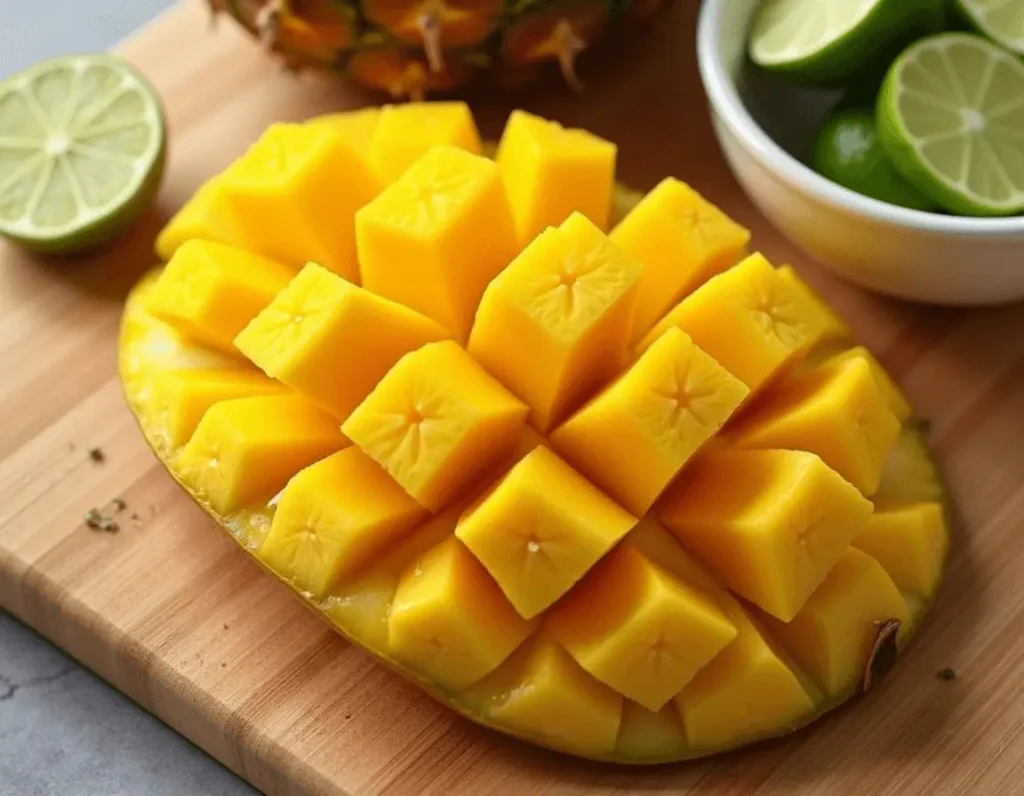 Freshly sliced mango and pineapple on a wooden board, highlighting their vibrant colors and natural textures.