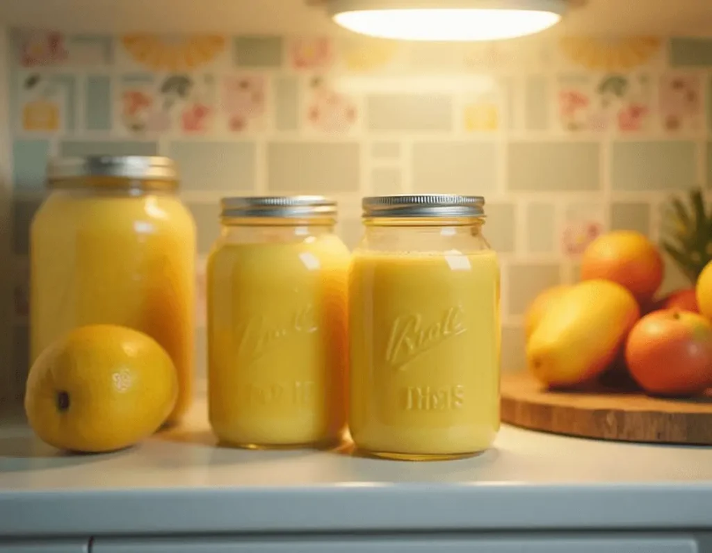 Pre-made mango pineapple smoothies in labeled glass jars, stored in a fridge.