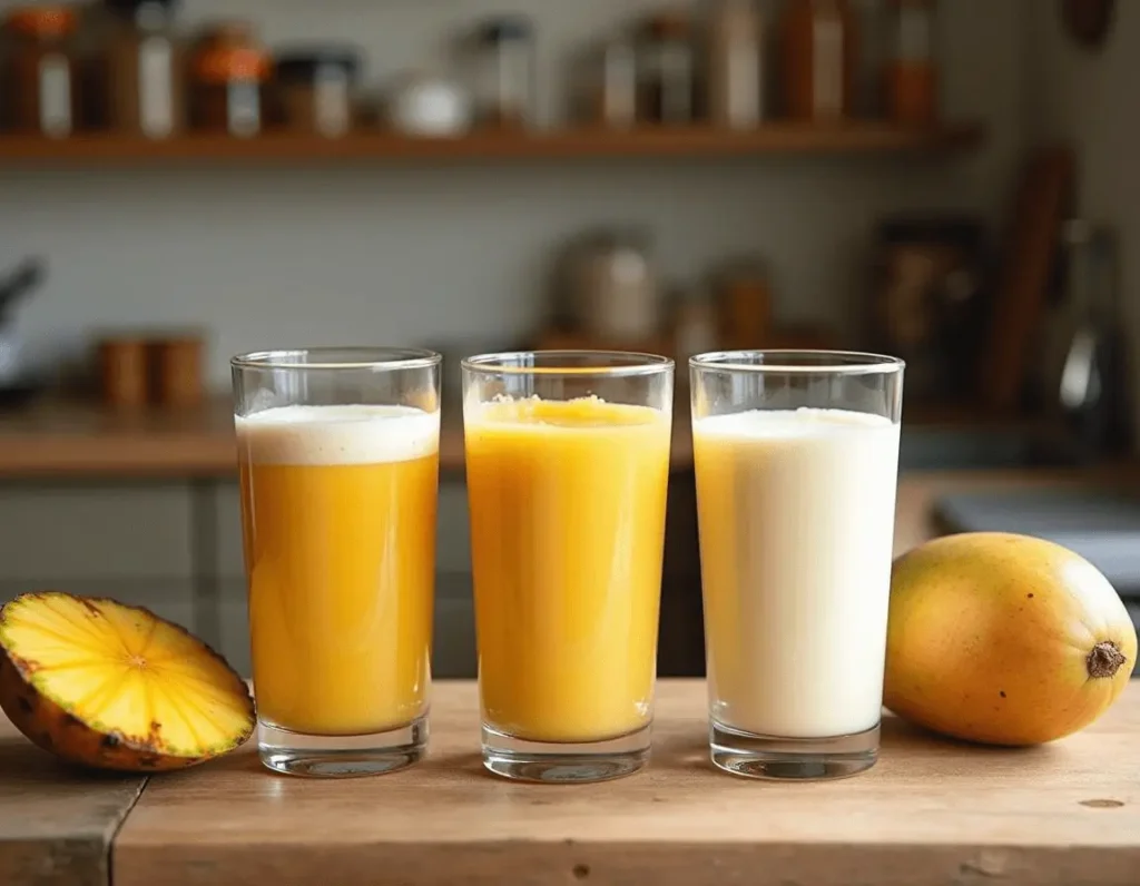 Three mango pineapple smoothies with different bases—yogurt, milk, and coconut water.