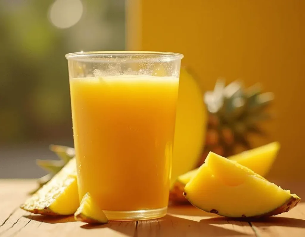 A refreshing McDonald's Mango Pineapple Smoothie with fresh fruit on a wooden table.