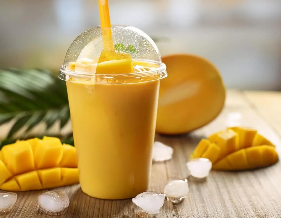 A McDonald's Mango Pineapple Smoothie in a branded cup with fresh mango and pineapple on a wooden table.