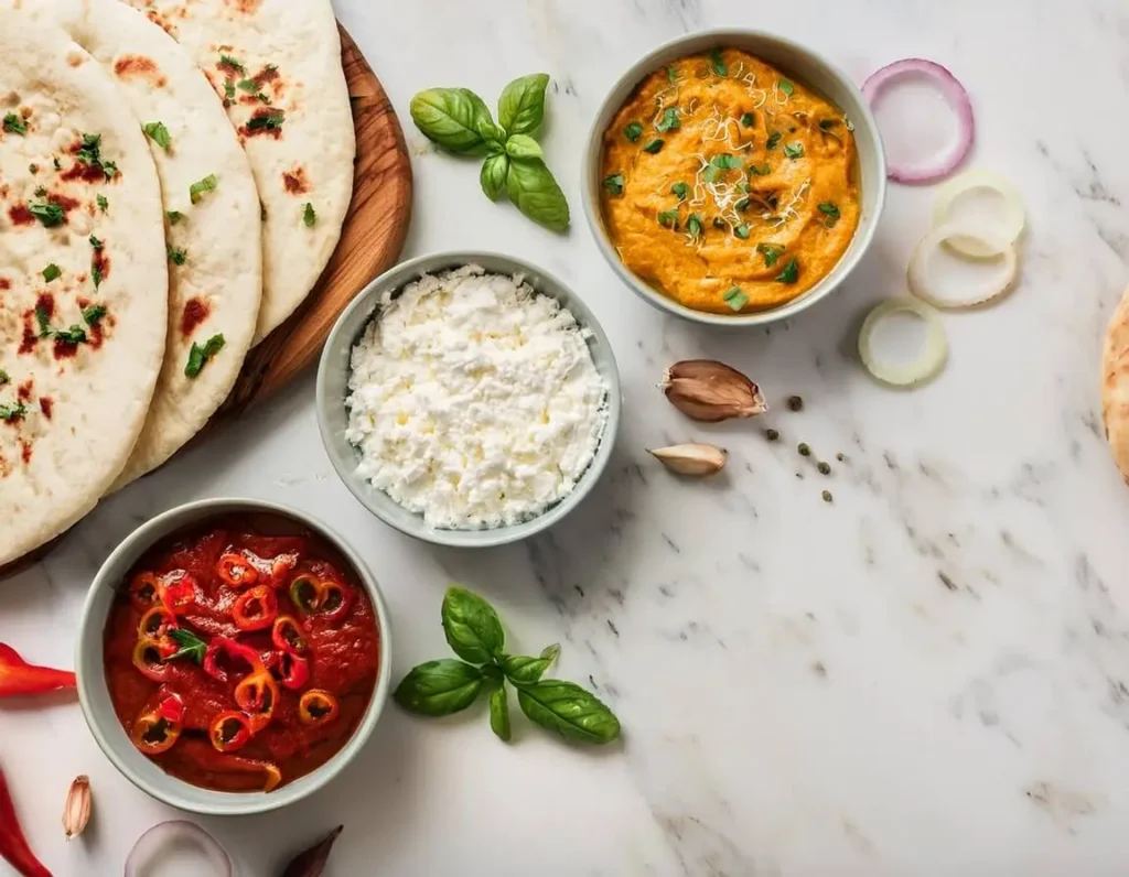 Ingredients for making naan pizza, including naan bread, sauces, and toppings.