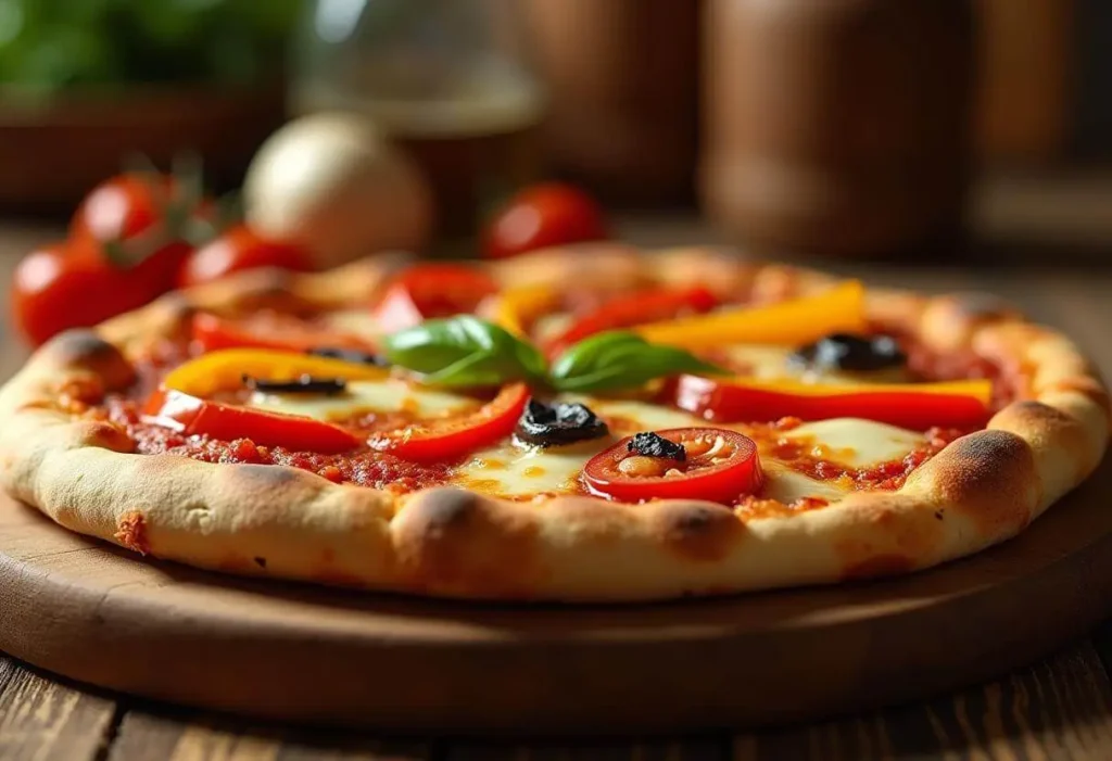 Freshly baked naan pizza with colorful toppings.