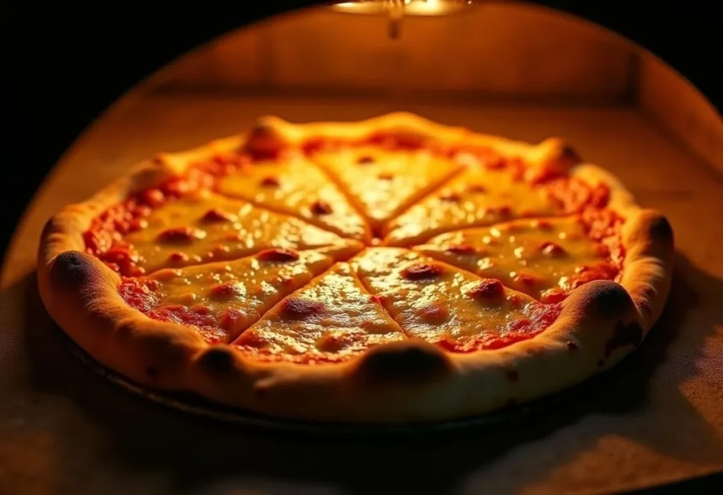 Naan pizza baking on a pizza stone inside an oven.