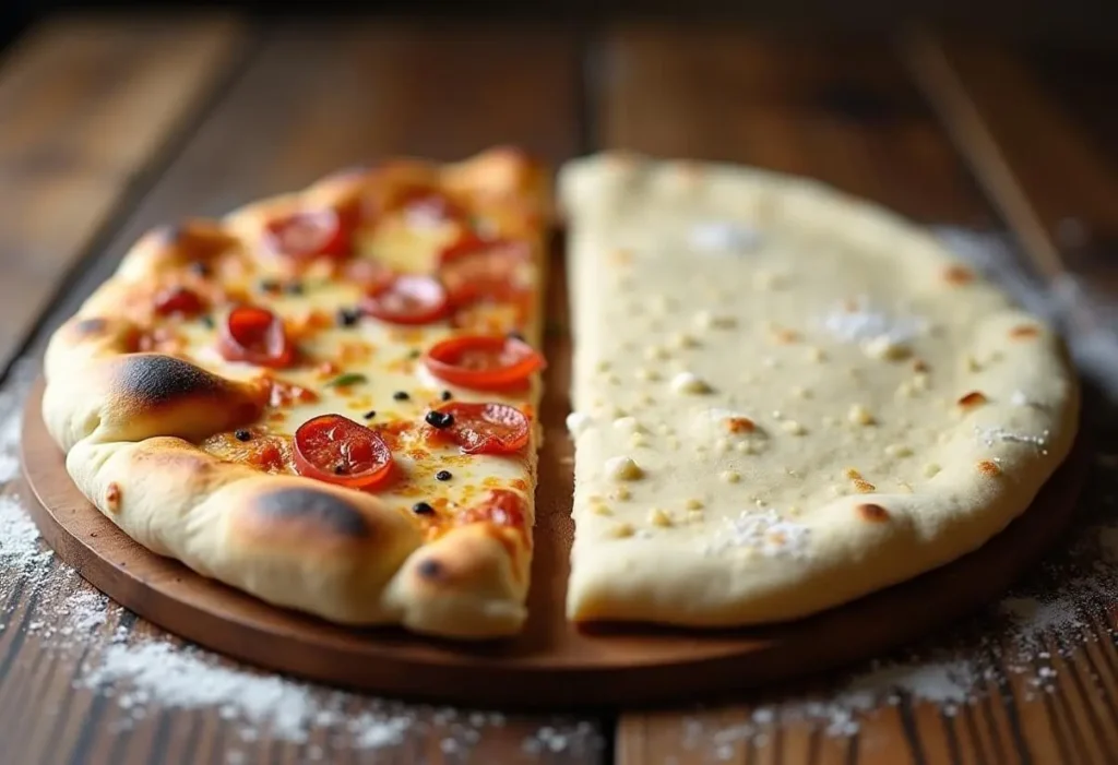 Naan bread compared to traditional pizza dough.