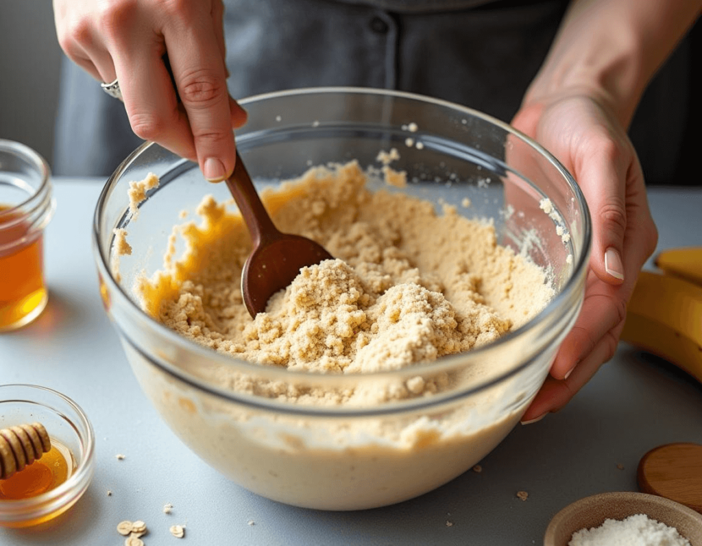 Banana bread batter made with oat flour and natural sweeteners.