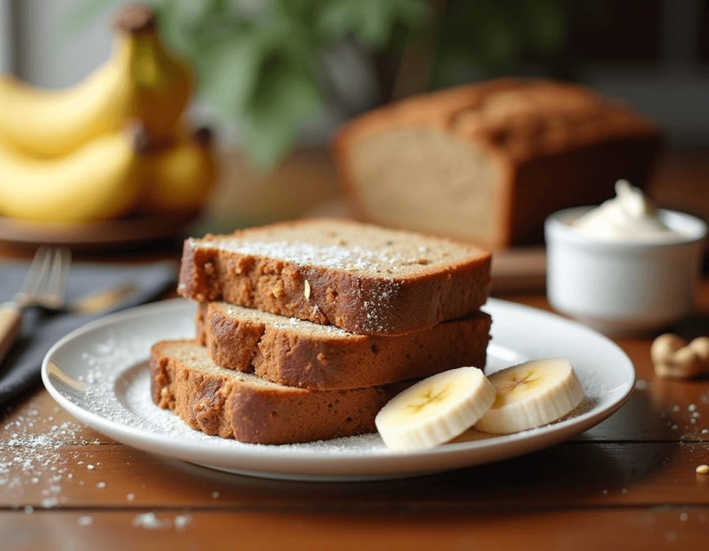 Sliced banana bread served with peanut butter and yogurt.