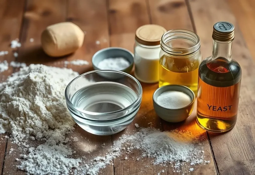 Basic ingredients for pizza dough: flour, olive oil, yeast, and salt on a rustic table.