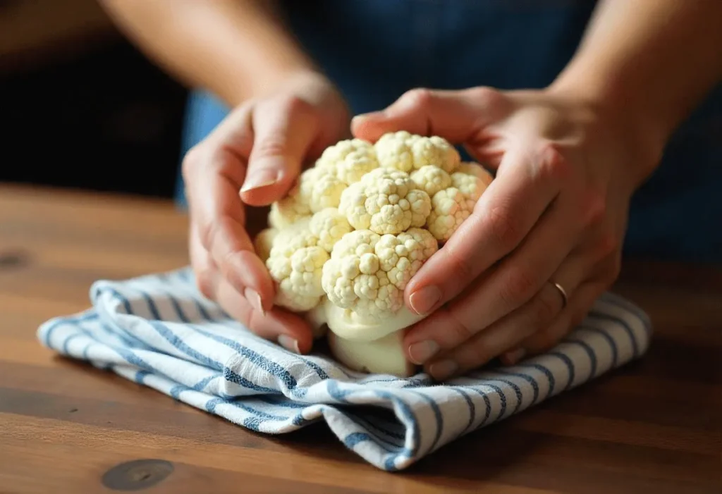 Hands squeezing moisture out of riced cauliflower with a kitchen towel