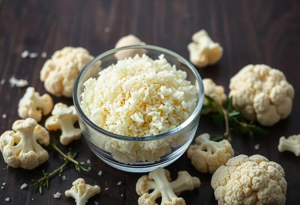 Glass bowl of raw riced cauliflower with fresh cauliflower florets.