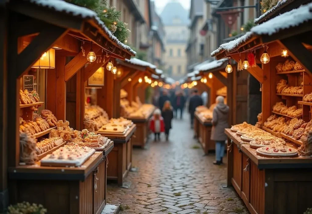 Traditional gingerbread market with bakers and decorated treats.