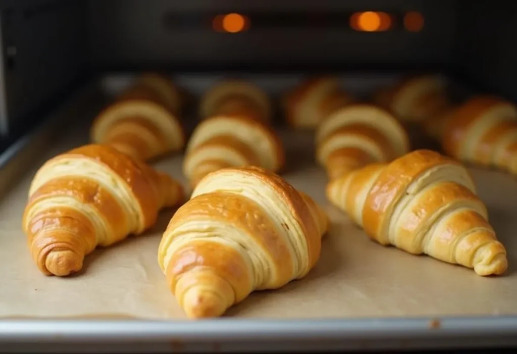 Unbaked croissants brushed with egg wash on a parchment-lined baking sheet.