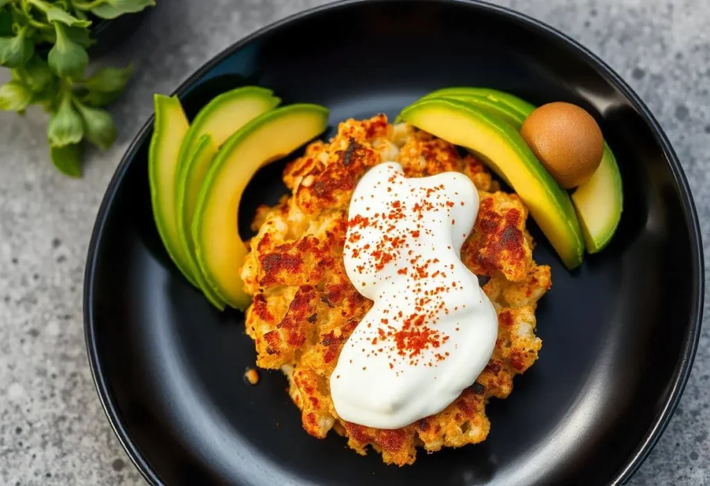 A black plate with crispy vegan patties, avocado slices, and a dollop of sour cream.