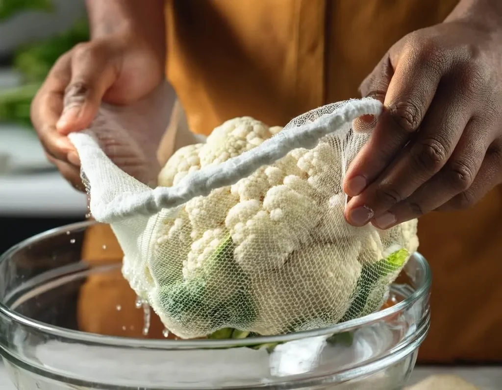 Hands wringing steamed cauliflower in a cheesecloth over a bowl.