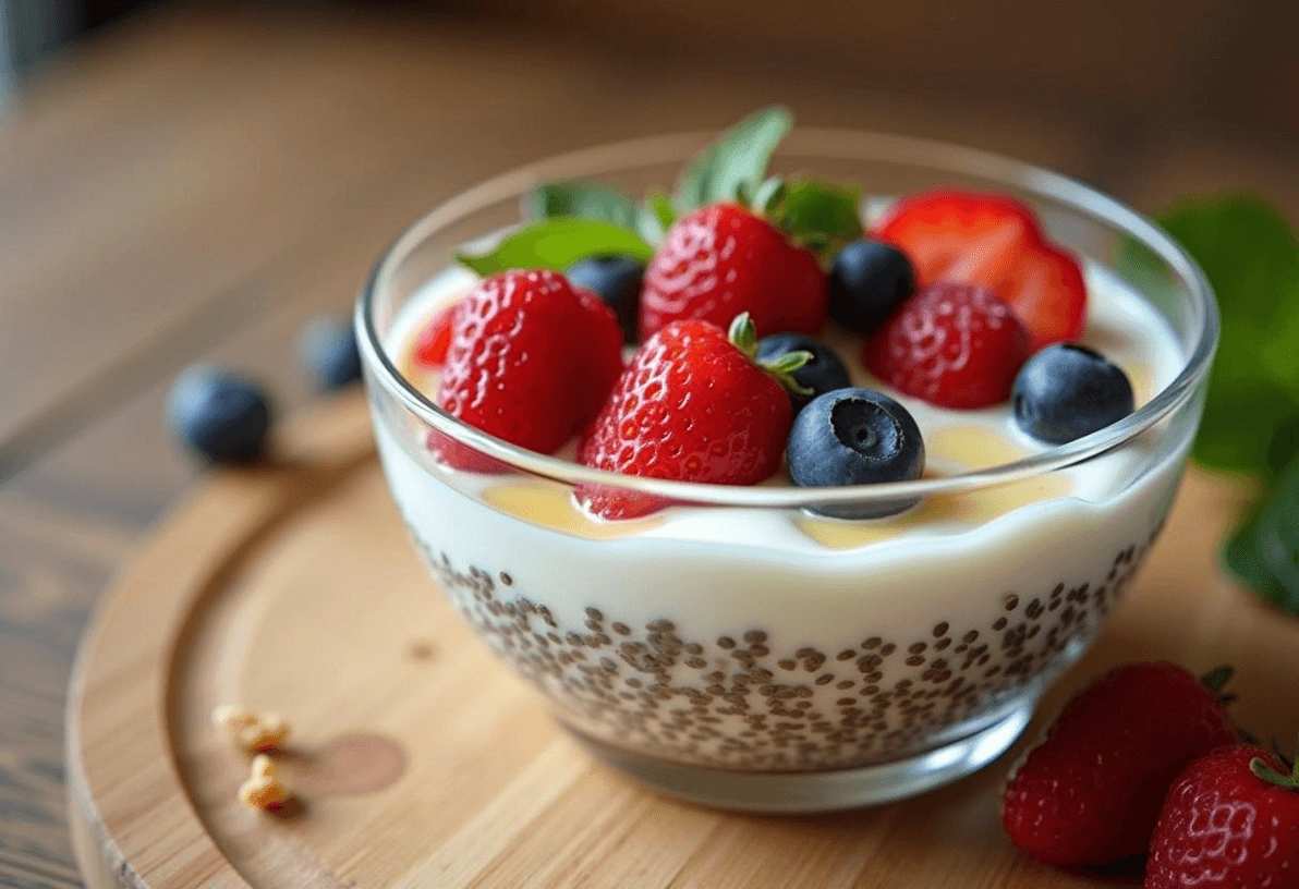 A creamy yogurt bowl topped with fresh berries and a drizzle of honey on a rustic wooden surface.