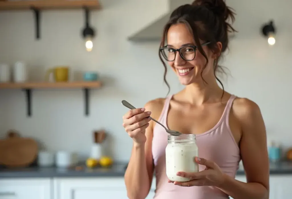 A fit person enjoying chia yogurt pudding as part of a weight-loss diet.