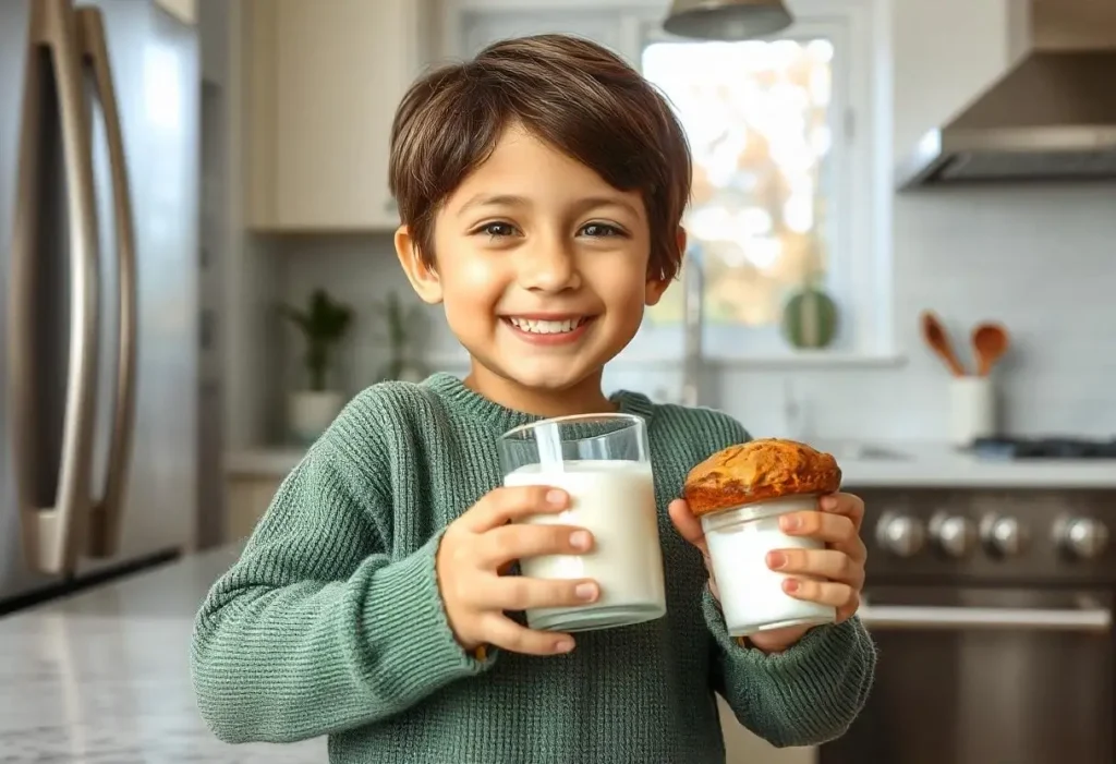 A happy child enjoying a gluten-free banana muffin and almond milk.