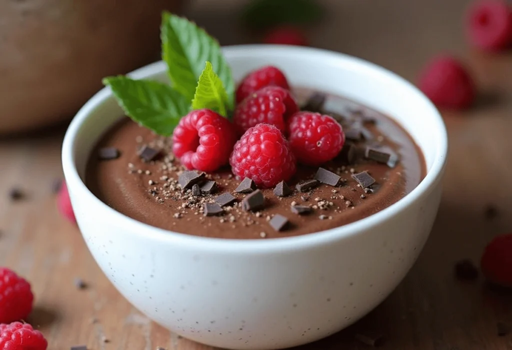 Rich and creamy chocolate chia seed pudding topped with fresh raspberries and chocolate shavings.