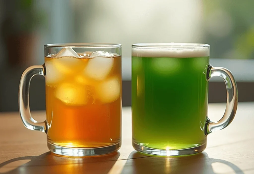 A visual comparison of cold brew green tea and hot brew green tea.