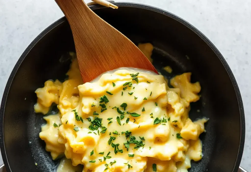 Soft scrambled eggs being stirred gently in a pan over low heat.