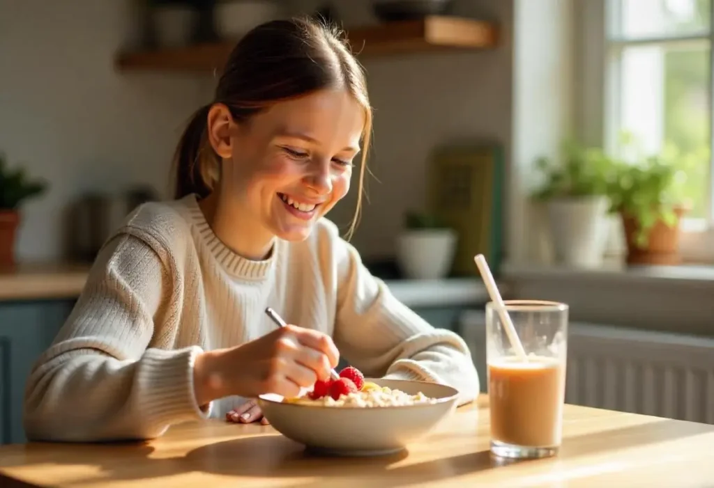 A person enjoying a fresh, low-histamine breakfast with overnight oats and a smoothie.