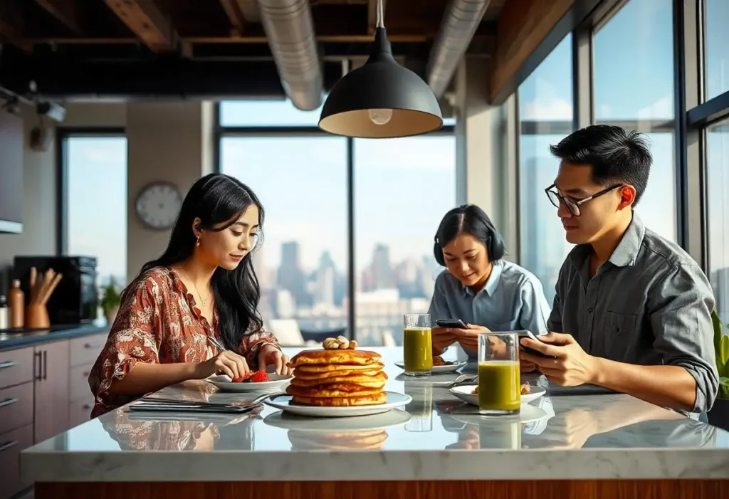 A family enjoying a gluten-free breakfast together at home.