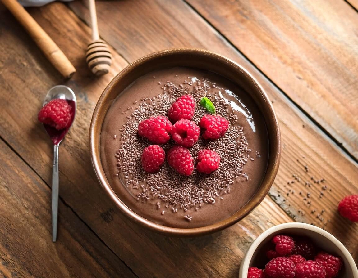 Delicious chocolate chia seed pudding garnished with fresh raspberries and dark chocolate shavings.