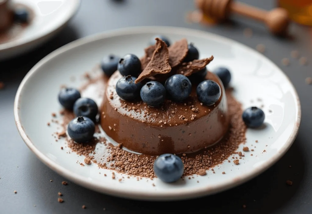 A perfectly plated chocolate chia seed pudding with chocolate curls and berries.