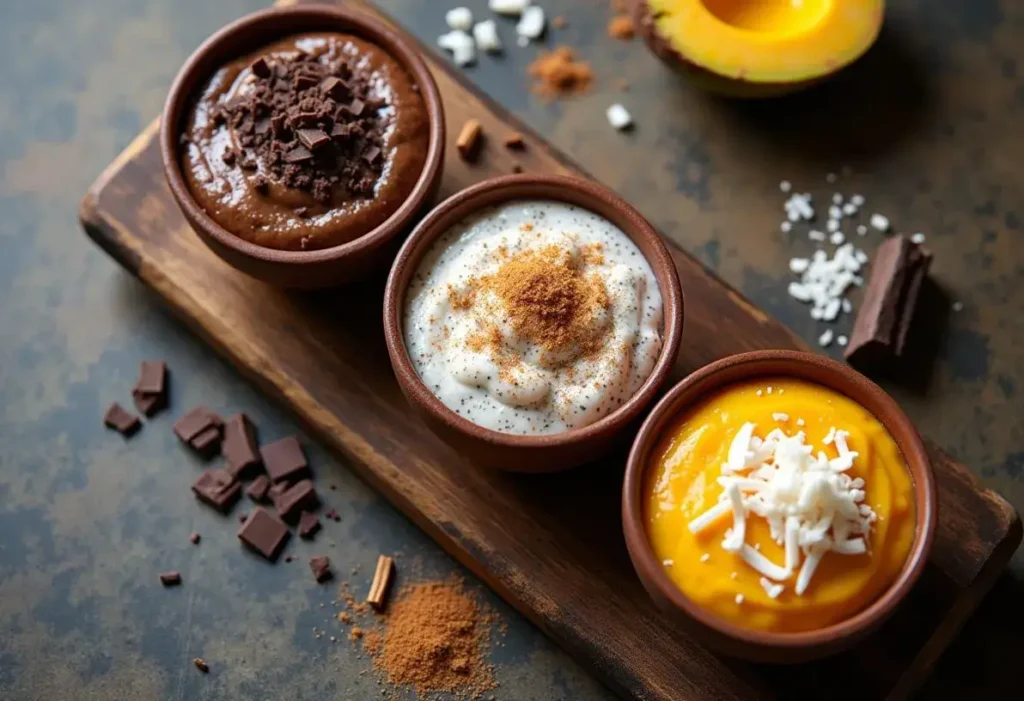 Three variations of chia pudding made with yogurt – chocolate, vanilla, and mango.