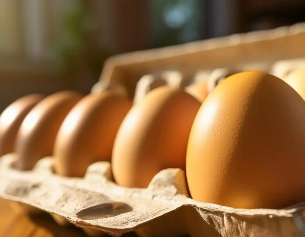 A close-up of fresh eggs in a carton, emphasizing their quality and freshness.