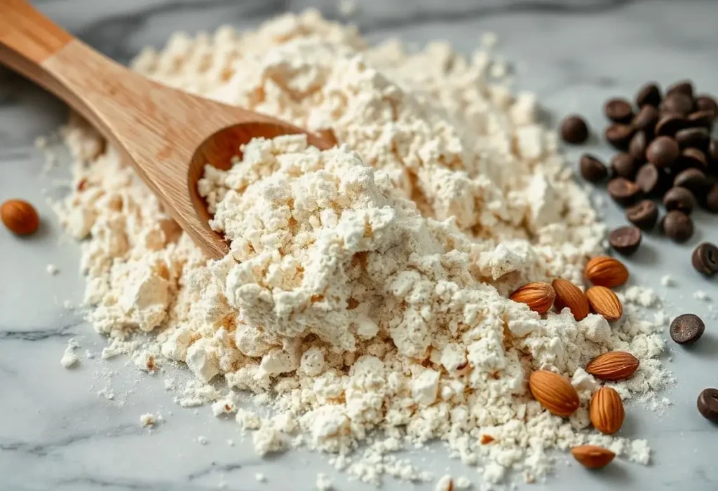 Close-up of almond flour, chocolate chips, and gluten-free baking ingredients on a marble countertop.