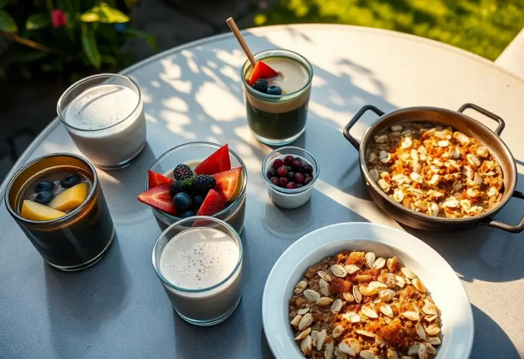 A colorful spread of gluten-free breakfast dishes including chia pudding and smoothie bowls.